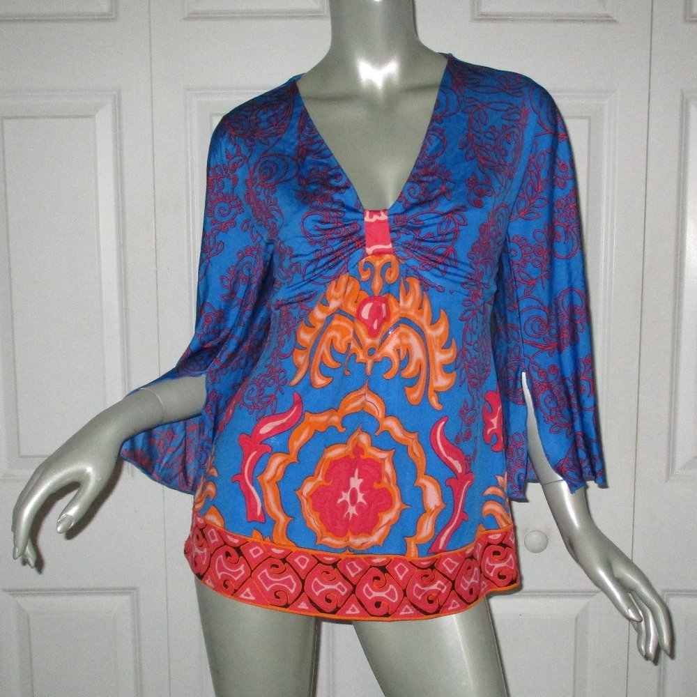 HALE BOB Blue & Red Floral Pattern Boho Long Sleeve Blouse Size Small